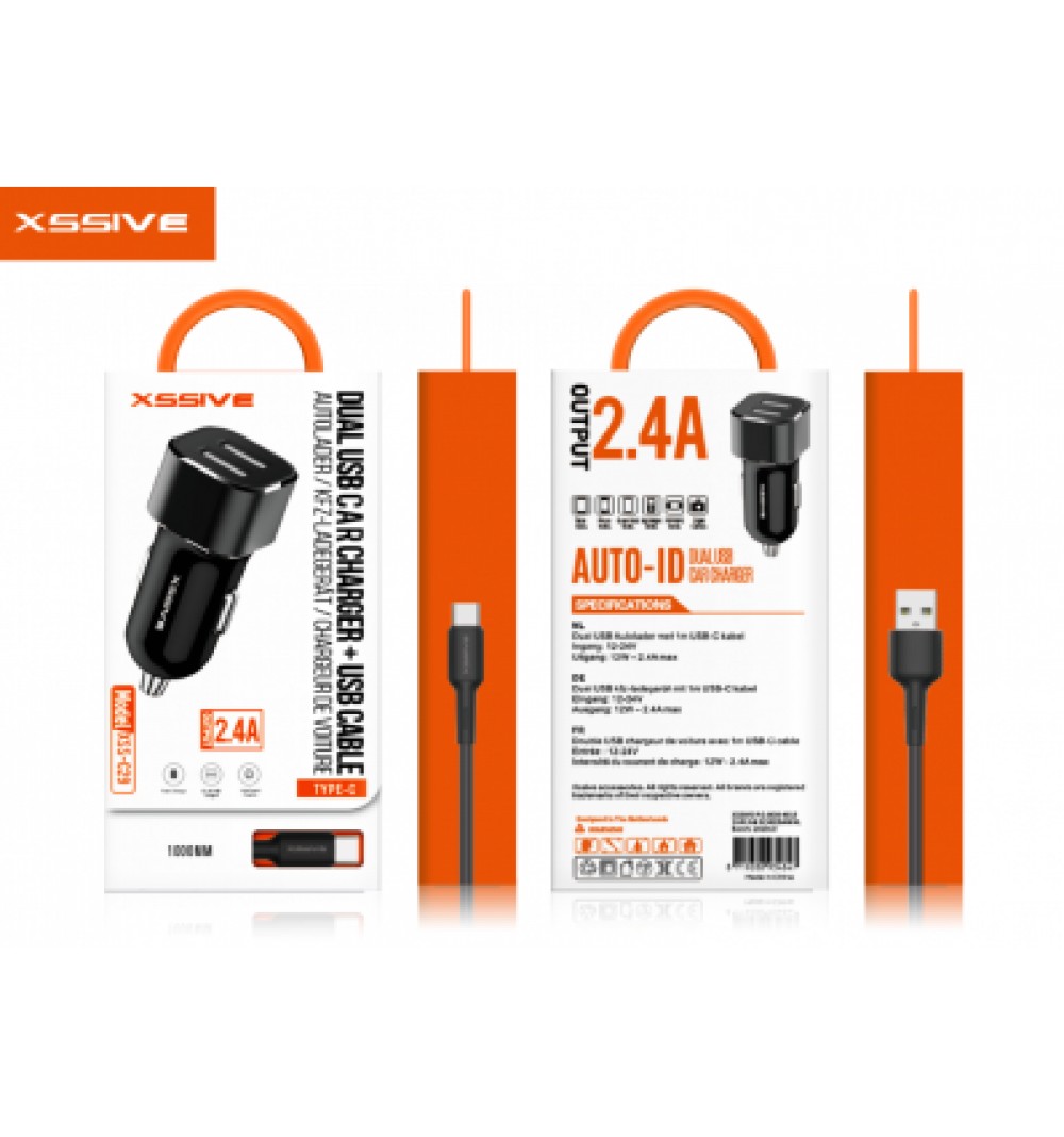 DUO CAR CHARGER+ Lightning cable (iPhone) 2.4A - ZWART